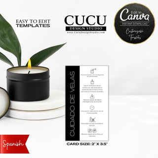 Spanish template, canva spanish template, canva template, candle care Spanish, Espanol candle care card, customizable candle care card, tips for candle care in spanish, como cuidar de tus veladoras, como mantener tus velas, tips del cuidado de tus velas