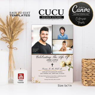 Funeral cards, templates, canva templates, funera canva templates, funeral announcement card template, funeral invitation template cards, celebration of life template, in loving memory funeral card, memorial, memorial card, Rest In Peace bother, male funeral cards, boy funeral cards