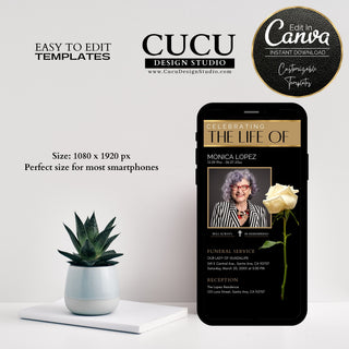 Electronic Funeral Announcement, Funeral Electronic Invitation for Smartphones, Electronic Celebration of Life invitation, Editable Evite, Cucu Design Studio, funeral template, Canva funeral,  funeral card online, in loving memory template, canva funeral card, canva in loving memory card, mobile fuenral service card, mobile digital funeral card,  digital download memorial card,  digital funeral invitation, online funeral invitation