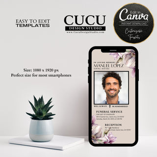 Electronic Funeral Announcement, Funeral Electronic Invitation for Smartphones, Electronic Celebration of Life invitation, Editable Evite, Cucu Design Studio, funeral template, Canva funeral,  funeral card online, in loving memory template, mobile funeral card, mobile celebration of life, mobile symphony card, mobile obituary card, mobile remembrance card, mobile memorial card, obituary card online, online funeral invitation, personalized memorial cards, canva funeral, plantillas canva funeral