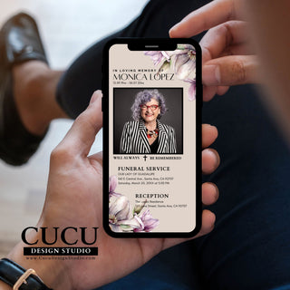 Printable funeral template, funeral templates, funeral digital card, smartphone funeral card, lectronic Funeral Announcement, Funeral Electronic Invitation for Smartphones, Electronic Celebration of Life invitation, Editable Evite, Cucu Design Studio, canva funeral cards, canva funeral templates, mobile funeral card, mobile celebration of life funeral card, mobile remembrance card, mobile in loving memory card