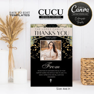 Cucu Design Studio, Canva Templates, Canva Funeral Cards, thank you funeral template, thank you funeral cards, thank you for attending our family funeral, sympathy funeral card, memorial card, memorial template, easy to edit templates, funeral thank you template cards, celebration of life, in loving memory templates, celebration of life templates