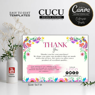 Colorful floral bird thank you card template for small businesses featuring vibrant watercolor flowers, decorative birds, customizable logo space, social media icons, and an editable Canva design.

ES: Plantilla de tarjeta de agradecimiento con flores coloridas y aves decorativas para pequeños negocios, con flores estilo acuarela, espacio para logotipo personalizable, iconos de redes sociales y diseño editable en Canva.