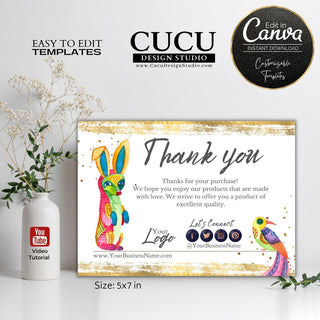 Colorful small business thank you card template featuring an Alebrije illustration, gold brush stroke accents, editable logo section, social media icons, and customizable Canva design.

ES: Plantilla colorida de tarjeta de agradecimiento para pequeños negocios con ilustraciones de Alebrijes , detalles de pinceladas doradas, espacio editable para logotipo, iconos de redes sociales y diseño personalizable en Canva.