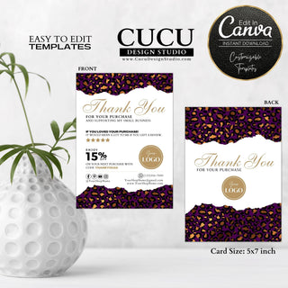 Double-sided purple leopard print thank you card template featuring gold typography, discount code section, editable logo space, social media icons, customer appreciation message, and customizable Canva design for small businesses.

ES: Plantilla de tarjeta de agradecimiento de doble cara con estampado de leopardo morado, tipografía dorada, sección para código de descuento, espacio editable para logotipo, iconos de redes sociales, mensaje de agradecimiento al cliente y diseño personalizable en Canva para pe