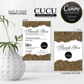 Double-sided leopard print thank you card template featuring animal print borders, discount offer section, review request, logo placement, social media icons, and editable Canva design for small businesses.

ES: Plantilla de tarjeta de agradecimiento de doble cara con estampado de leopardo, sección para descuento, solicitud de reseña, espacio para logotipo, iconos de redes sociales y diseño editable en Canva para pequeños negocios.