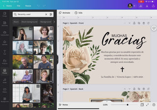 Plantilla de tarjeta de agradecimiento funeral editable en Canva con diseño elegante en tonos beige y flores suaves, incluye texto “Muchas Gracias” en tipografía cursiva, espacio para mensaje personalizado, nombre y fechas del ser querido, con símbolo de cruz para un toque espiritual. Ideal para servicios funerarios, memoriales y celebraciones de vida. Editable fácilmente y lista para descargar al instante. / Editable funeral thank you card template in Canva featuring an elegant beige floral design, “Muchas