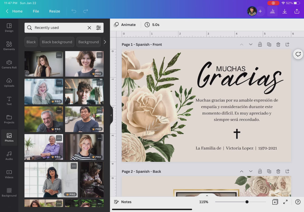 Plantilla de tarjeta de agradecimiento funeral editable en Canva con diseño elegante en tonos beige y flores suaves, incluye texto “Muchas Gracias” en tipografía cursiva, espacio para mensaje personalizado, nombre y fechas del ser querido, con símbolo de cruz para un toque espiritual. Ideal para servicios funerarios, memoriales y celebraciones de vida. Editable fácilmente y lista para descargar al instante. / Editable funeral thank you card template in Canva featuring an elegant beige floral design, “Muchas
