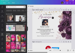 Plantilla de invitación de funeral editable en Canva en español con diseño elegante en tonos morado y beige, flores sofisticadas en el lado derecho, texto “En recuerdo amoroso”, espacio para foto personalizada y detalles del servicio, ideal para crear un homenaje digno, descarga digital inmediata y fácil edición sin experiencia / Editable Spanish funeral invitation Canva template with elegant purple and beige design, sophisticated floral arrangement on the right side, “loving memory” text, space for persona