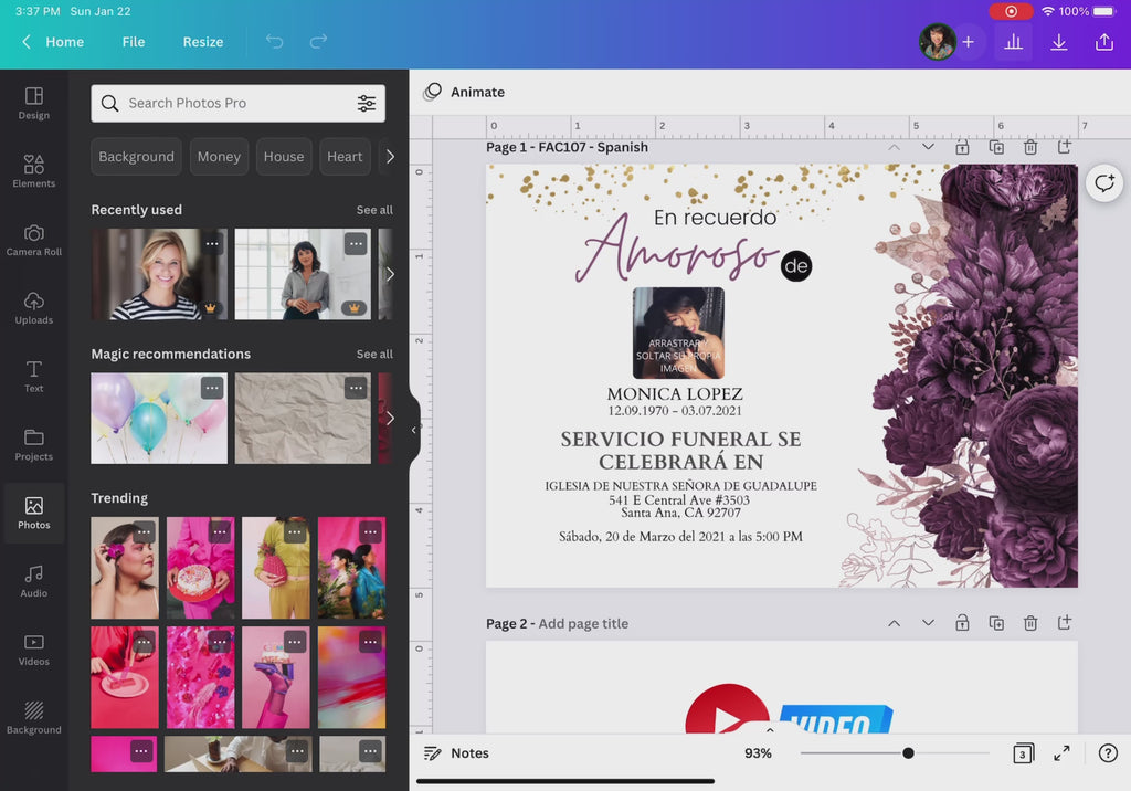 Plantilla de invitación de funeral editable en Canva en español con diseño elegante en tonos morado y beige, flores sofisticadas en el lado derecho, texto “En recuerdo amoroso”, espacio para foto personalizada y detalles del servicio, ideal para crear un homenaje digno, descarga digital inmediata y fácil edición sin experiencia / Editable Spanish funeral invitation Canva template with elegant purple and beige design, sophisticated floral arrangement on the right side, “loving memory” text, space for persona