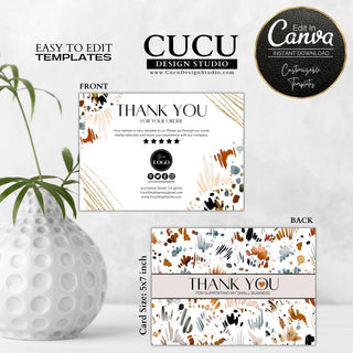 Boho abstract small business thank you card template featuring a double-sided design with neutral earthy brushstrokes, customizable logo area, social media icons, and editable Canva layout.

ES: Plantilla de tarjeta de agradecimiento para pequeños negocios con diseño abstracto boho de doble cara, pinceladas en tonos tierra, espacio para logotipo personalizable, iconos de redes sociales y diseño editable en Canva.
