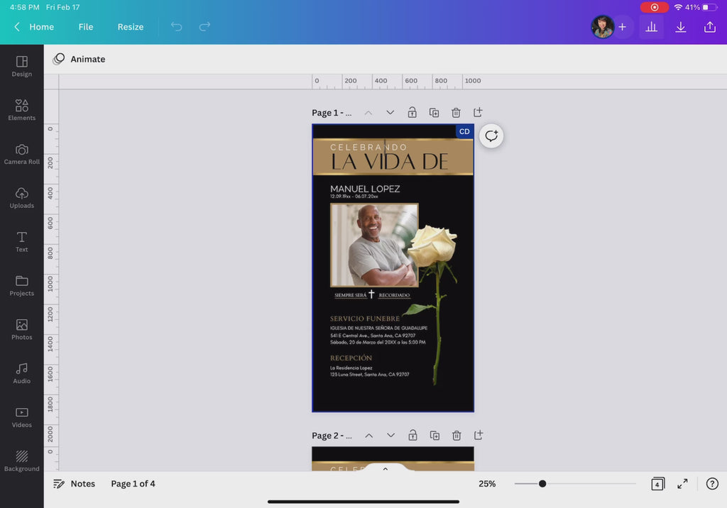 Invitación digital de funeral elegante en color negro y dorado con el título “Celebrando la vida de Manuel López”, incluye foto del homenajeado, una rosa blanca y detalles del servicio y recepción; diseño vertical listo para enviar por WhatsApp y fácil de editar en Canva / Elegant black and gold digital funeral invitation featuring “Celebrating the life of Manuel Lopez,” with portrait photo, white rose, and service details; vertical layout perfect for WhatsApp sharing and easy to edit in Canva.