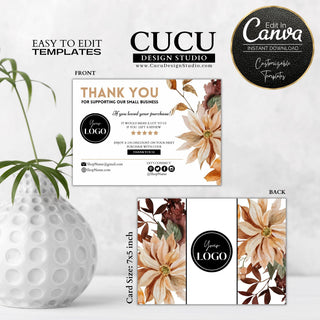 Double-sided boho floral thank you card template featuring neutral watercolor flowers, editable logo sections, discount code area, social media icons, and customizable Canva design for small businesses.

ES: Plantilla de tarjeta de agradecimiento floral boho de doble cara con flores acuarela en tonos neutros, espacios editables para logotipo, área para código de descuento, iconos de redes sociales y diseño personalizable en Canva para pequeños negocios.