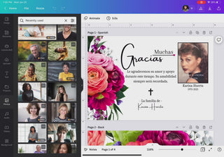 Editor de Canva mostrando plantilla de tarjeta de agradecimiento con fotos y texto / Canva editor showing thank you card template with editable text and photos
