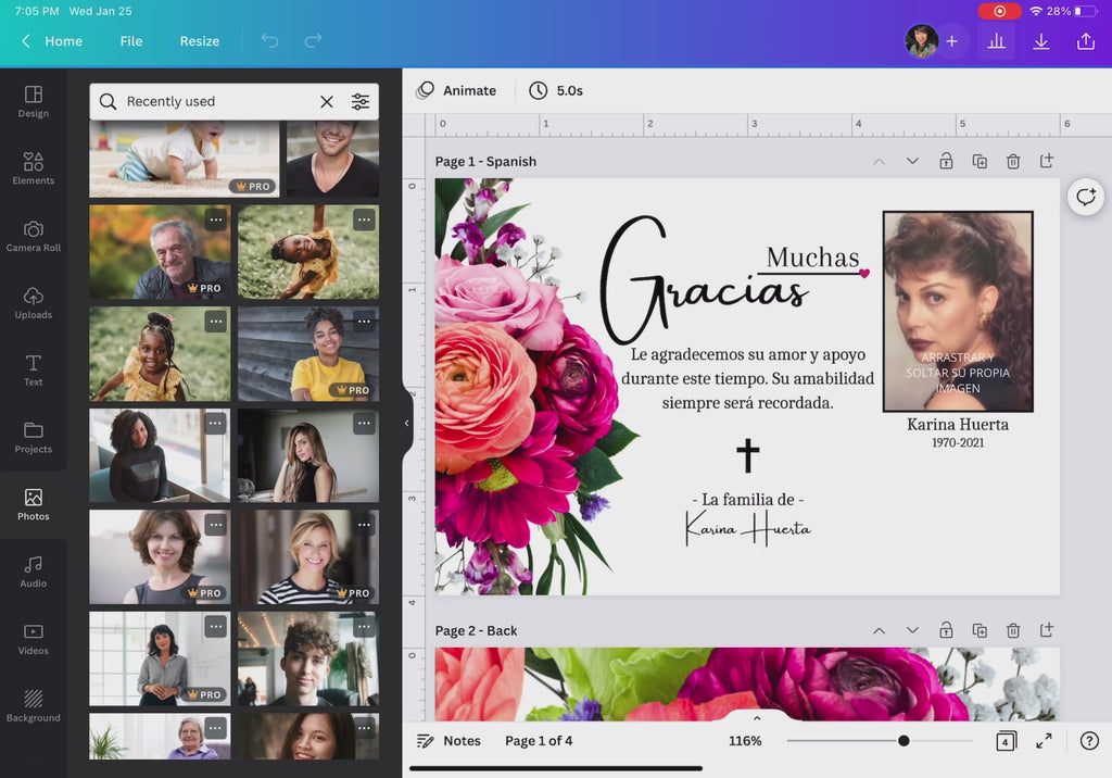 Editor de Canva mostrando plantilla de tarjeta de agradecimiento con fotos y texto / Canva editor showing thank you card template with editable text and photos