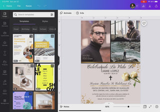 Plantilla de invitación de funeral para hombre editable en Canva con diseño moderno tipo collage, incluye foto principal, imágenes secundarias, detalles en dorado y rosas blancas elegantes, estilo limpio y profesional en español ideal para homenajes masculinos, descarga digital inmediata / Editable funeral invitation template for men in Canva with modern collage layout, featuring main portrait, secondary images, gold accents and elegant white roses, clean professional Spanish design perfect for masculine me