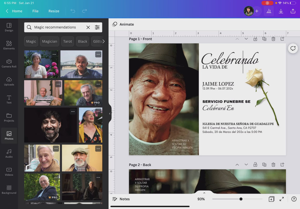 Pantalla de Canva mostrando edición de invitación de funeral en español con foto de hombre mayor y rosa blanca, plantilla editable 5x7, personalización fácil arrastrar y soltar, diseño elegante listo en minutos / Canva editor screen showing Spanish funeral invitation being customized with elderly man photo and white rose, editable 5x7 template, easy drag and drop personalization, elegant design ready in minutes