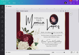 Invitación de funeral editable en Canva con diseño elegante en tonos rojo, blanco y dorado, incluye flores rojas tipo peonías, foto personalizable y detalles del servicio memorial en español / Editable funeral invitation Canva template with elegant red, white and gold design, featuring red peony flowers, customizable photo and Spanish memorial service details