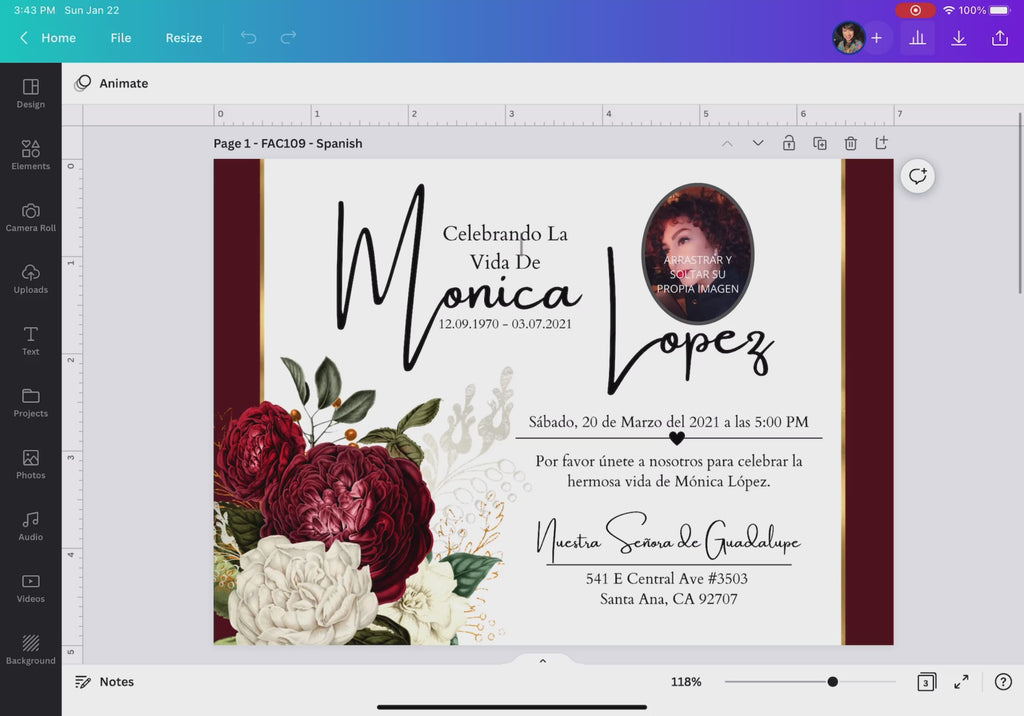 Invitación de funeral editable en Canva con diseño elegante en tonos rojo, blanco y dorado, incluye flores rojas tipo peonías, foto personalizable y detalles del servicio memorial en español / Editable funeral invitation Canva template with elegant red, white and gold design, featuring red peony flowers, customizable photo and Spanish memorial service details