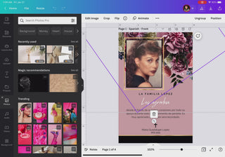 Plantilla de programa funerario editable en Canva con foto conmemorativa, diseño elegante en tonos rosados y florales, fácil de personalizar con nombre, fechas y mensaje, descarga digital inmediata. / Editable funeral program Canva template with memorial photo, elegant pink floral design, easy to customize with name, dates and message, instant digital download.