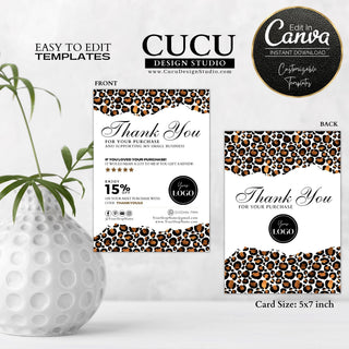 Double-sided leopard print thank you card template with customer appreciation message, discount offer, logo space, review request section, and editable Canva design for small businesses.

ES: Plantilla de tarjeta de agradecimiento de doble cara con estampado de leopardo, mensaje de agradecimiento al cliente, oferta de descuento, espacio para logotipo, sección para reseñas y diseño editable en Canva para pequeños negocios.