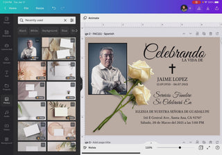 Plantilla de invitación de funeral editable en Canva con fondo beige elegante, foto de hombre mayor, rosas blancas y diseño minimalista para homenaje con descarga digital instantánea / Editable funeral invitation Canva template with elegant beige background, portrait of elderly man, white roses and minimalist memorial design with instant digital download