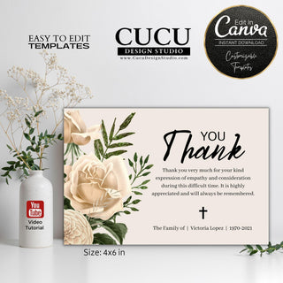 Funeral thank you card template, Personalized funeral thank you card template, Funeral thank you card online, Digital funeral thank you card, Canva funeral thank you card template, Funeral sympathy bereavement thank you card template