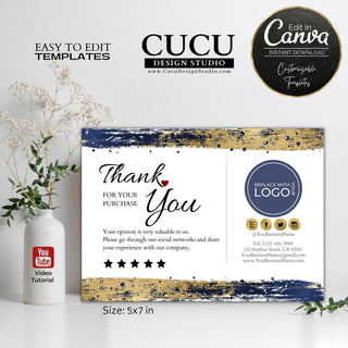 Thank you cards in Spanish, Gracias por tu compre tarjetas, blue gold thank you card design,  5x7 small business thank you cards, thank you for shopping small card, thank you for your support card template, business thank you card, business thank you note template, customer thank you card template, DIY thank you card small business, digital thank you card template