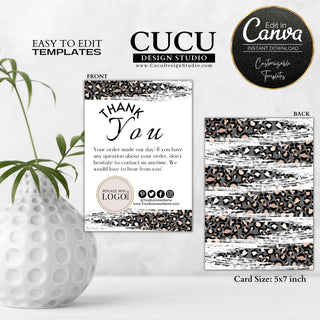 Double-sided leopard print thank you card template for small businesses featuring a customizable logo area, social media icons, modern typography, and editable Canva design.

ES: Plantilla de tarjeta de agradecimiento de doble cara con estampado de leopardo para pequeños negocios, con espacio para logotipo personalizable, iconos de redes sociales, tipografía moderna y diseño editable en Canva.