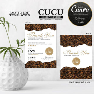 Double-sided brown leopard print thank you card template featuring elegant gold typography, discount code section, editable logo space, social media icons, customer appreciation message, and customizable Canva design for small businesses.

ES: Plantilla de tarjeta de agradecimiento de doble cara con estampado de leopardo marrón, elegante tipografía dorada, sección para código de descuento, espacio editable para logotipo, iconos de redes sociales, mensaje de agradecimiento al cliente y diseño personalizable 