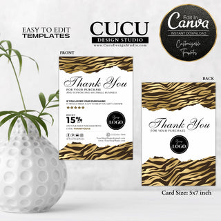 Double-sided gold tiger stripe thank you card template featuring a discount offer, review request, logo space, contact information, and editable Canva design for small businesses.

ES: Plantilla de tarjeta de agradecimiento de doble cara con diseño de rayas de tigre doradas, oferta de descuento, solicitud de reseña, espacio para logotipo, información de contacto y diseño editable en Canva para pequeños negocios.