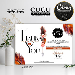 Tribal small business thank you card, Native business thank you card template, tribal canva template card, feather thank you card template, feather customer thank you card, Canva thank you card template, Canva card, canva Template, Thank you card template, printable thank you card, small business thank you card, small business thank you card template, printable thank you card,  editable printable thank you card 