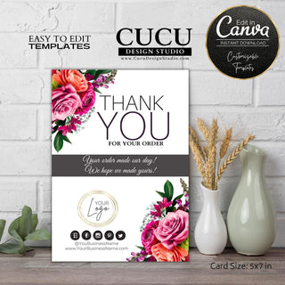 Editable Canva thank you card featuring colorful pink and coral roses, elegant typography, customer appreciation message, and customizable branding elements.

ES: Tarjeta de agradecimiento editable en Canva con coloridas rosas rosas y coral, tipografía elegante, mensaje de agradecimiento al cliente y elementos de marca personalizables.