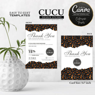 Double-sided black leopard print thank you card template featuring a customer appreciation message, discount offer, logo space, review request section, and editable Canva design for small businesses.

ES: Plantilla de tarjeta de agradecimiento de doble cara con estampado de leopardo negro, mensaje de agradecimiento, oferta de descuento, espacio para logotipo, sección para reseñas y diseño editable en Canva para pequeños negocios.