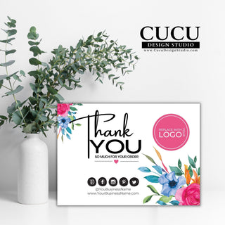 Editable Canva thank you card with vibrant pink and blue watercolor flowers, modern typography, logo placeholder, and social media branding elements.

ES: Tarjeta de agradecimiento editable en Canva con flores de acuarela en tonos rosa y azul, tipografía moderna, espacio para logotipo y elementos de marca para redes sociales.